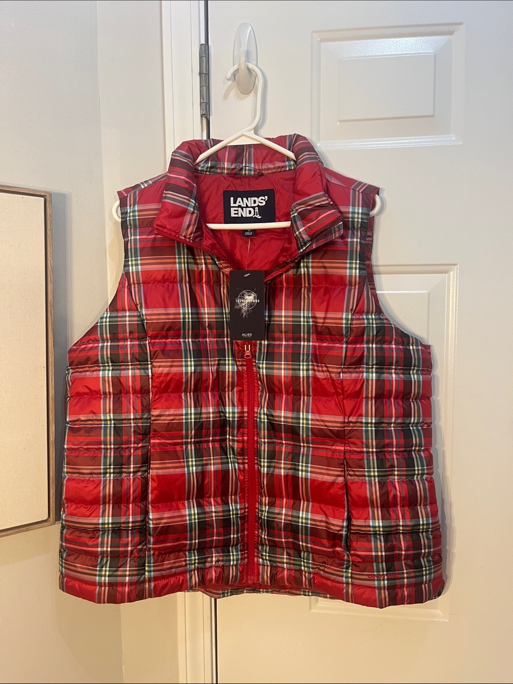 Lands' End Red Plaid DOWN FEATHER Quilted Puffer Vest